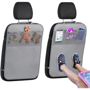 lebogner Back Seat Cover for Kids + 3 Pocket Storage Organizer, 2 Pack X-Large Multifunctional Kick Mats Backseat Protector, Car Seat Back Protectors for Vehicles to Protect from Dirt & Scuffs, Grey