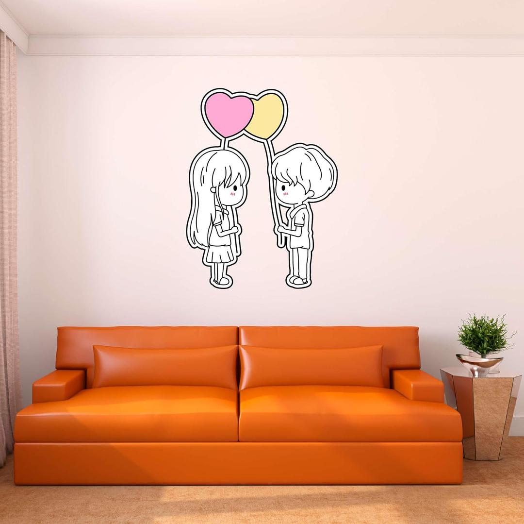 Wall Decal Cute Love Wall Sticker Cute Boy and a Girl with Heart Shaped Balloons Removable - Size: 24 in(W) x 30 in(H) (Multi)