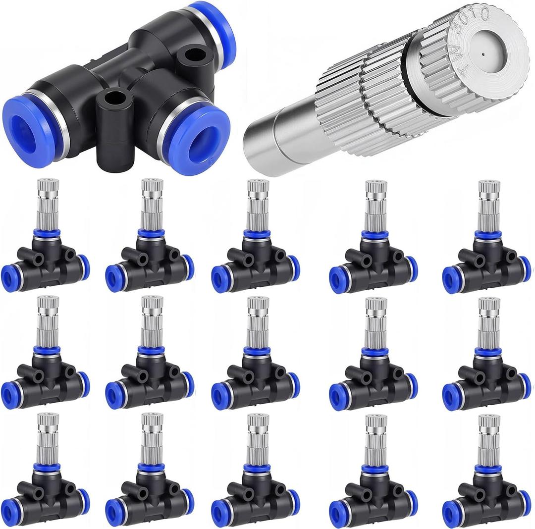 30 Pcs Brass Misting Nozzles Mister Replacement Nozzles with Filter Mesh & 1/4" Water Misting Nozzle Tees Kit, 0.012"/0.3mm Orifice Misting System Heads Sprayer for Outdoor Cooling System