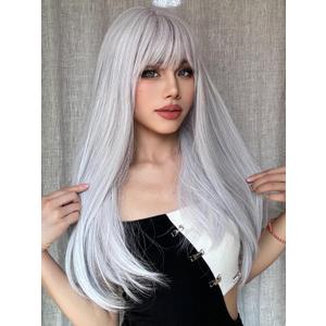 White Wig with Bangs Long Straight White Wigs for Women Cosplay Wigs for Gril Natural Hairline Heat Resistant Synthetic Wig for Daily for Cosplay Party Halloween