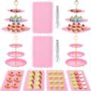 12 Pcs Cake Stand, Dessert Table Display Set, 4 Pcs 3 Tier Cupcake Stand Tower Holder and 6 Pcs Serving Tray and 2 Tongs for Tea Party Baby Shower Birthday, Pink