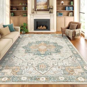 Roxstand 6x9 Rug, Stain Resistant Washable Area Rugs with Anti-Slip Backing, Vintage Rug, Large Bedroom, Living Room Rugs, Foldable Soft Rug (Green/Light Grey, 6'x9')
