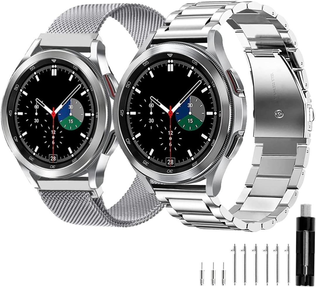 GOLDTOLUCK Stainless Steel Band Compatible with Samsung Galaxy Watch 8 7 6 5 4 Classic FE Pro 40mm 44mm 46mm 43mm 47mm 45mm 42mm 20mm Men Women Milanese Replacement Metal Elegant Casual (Silver&Silver)