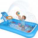 Splash Pad with Basketball Hoop - Shark Inflatable Kiddie Pool for Babies Toddlers, Sprinkler Play Mat for Kids, Outdoor Water Toys for Garden & Backyard, 70.9" x 44.1" x 27.6"
