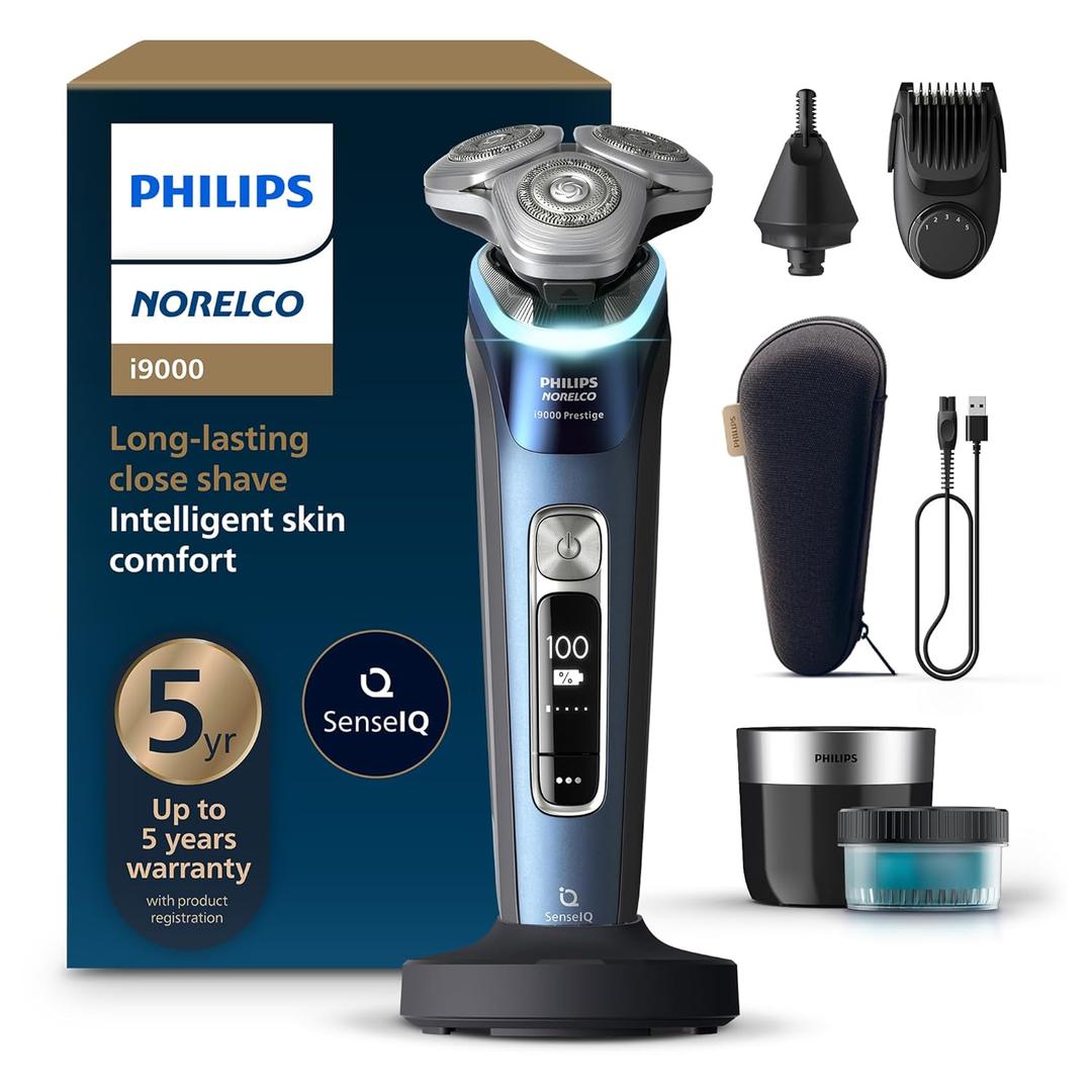 Philips Norelco Shaver i9000 Prestige, Wet & Dry Electric Shaver, Mystic Aqua, SenseIQ Technology, Triple Lift & Cut System, 360 Rotating Dual SteelPrecision Blades, Nose Trimmer, XP9201/88 (i9000 + Charge Stand, QCP & Trimmers, Gray)