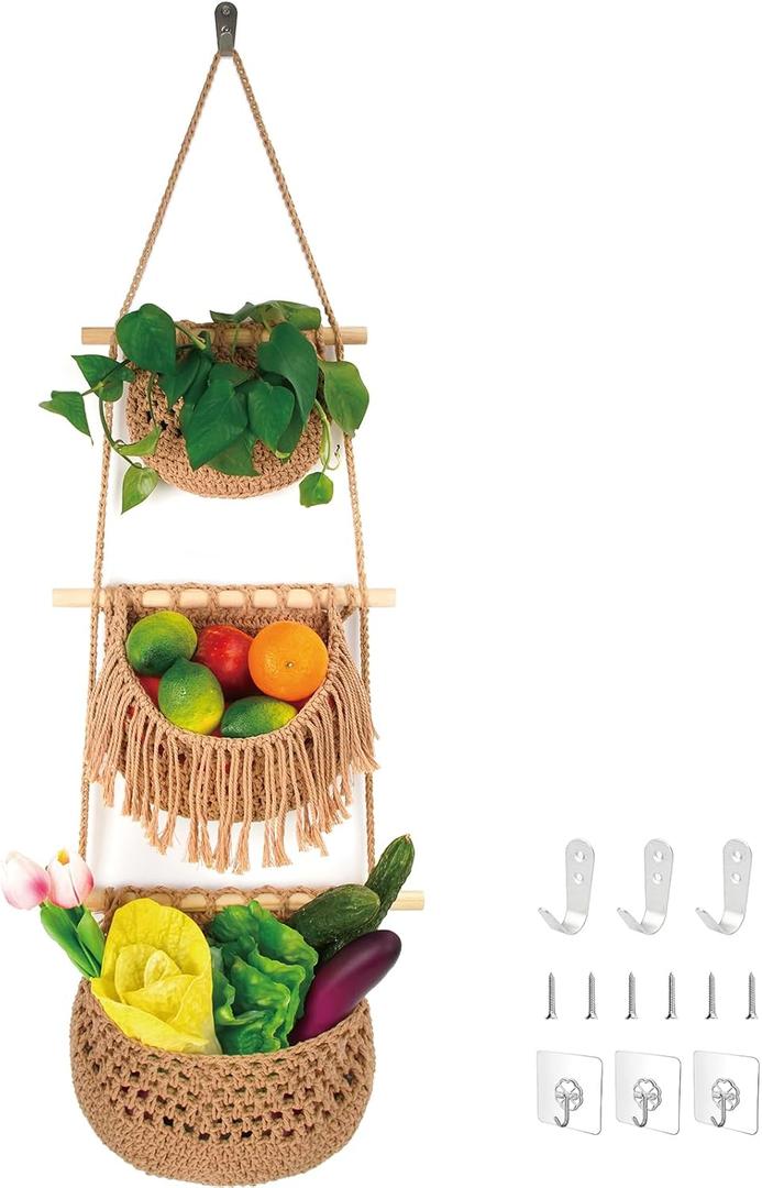 3 Tier Hanging Fruit Basket for Kitchen, Handmade Woven Cotton Hanging Wall Basket for Fruit Vegetable with 6 Hooks, BOHO Style Over the Door Organizer for Bathroom Bedroom
