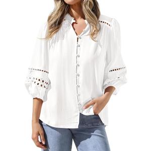 BTFBM Summer Tops for Women 2026 Eyelet Top 3/4 Length Sleeve Dressy Casual Blouses Spring Boho Button Down Shirts S