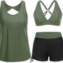 Yonique 3 Piece Tankini Swimsuits for Women Swim Tank Top Bathing Suits with Boy Shorts and Bra Athletic Swimwear (Large, Black & Army Green)
