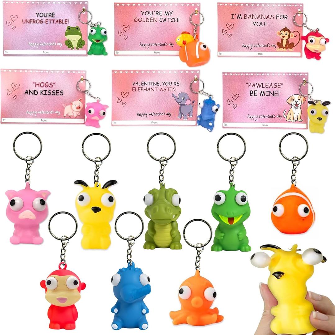 4E's Novelty 24 Pack Valentines Cards with Popping Eye Animals, Pop Out Eyes Squeeze Toy Keychain with Cards, Valentines Day Gifts for Kids Classroom Exchange for Kids Party Favors Bulk