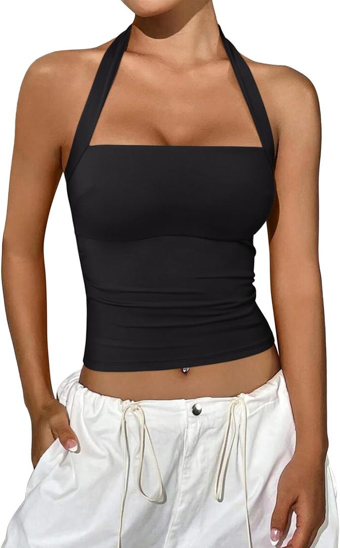 REORIA Women's Halter Going Out Tops 2025 Summer Y2K Shirts Sleeveless Sexy Crop Tank Top Y2k Outfits (Medium, Black)