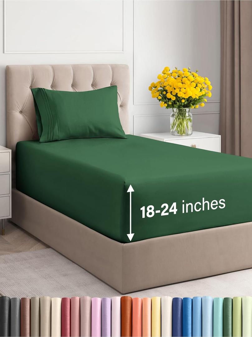 Extra Deep Pocket Twin Sheets - 3 Piece Breathable & Cooling Bed Sheets - Hotel Luxury Bed Sheet Set - Soft, Wrinkle Free & Comfy - Easily Fits Extra Deep Mattresses - Deep Pocket Emerald Green Sheets (31 - Emerald Green)