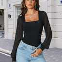 Avidlove Women Puff Long Sleeve Bodysuit Mesh Square Neck Thong Sexy Body Suits Double Lined Leotards (XX-Large, Black)