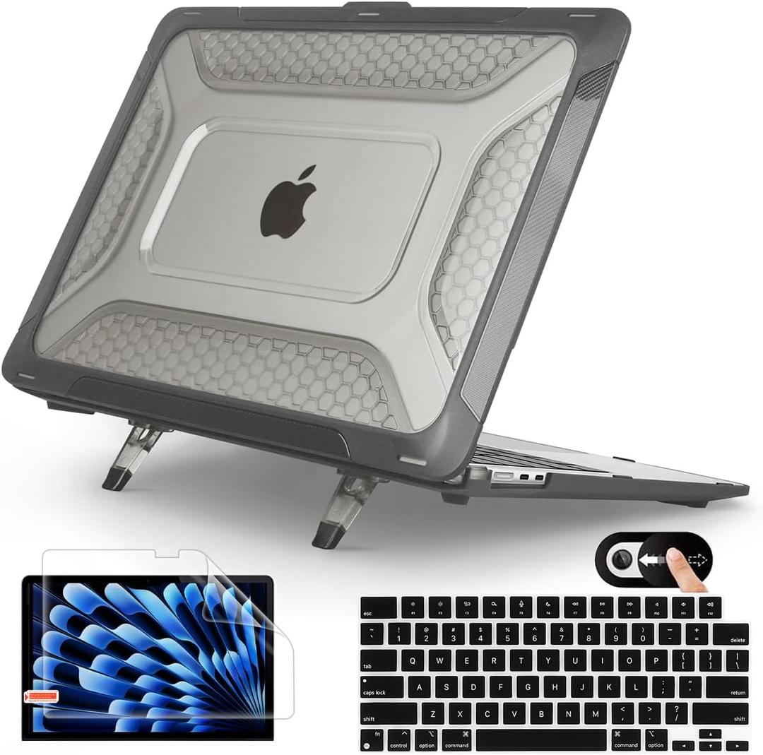 Mektron Shockproof Case for MacBook Air 15 inch 2023 with M2 /M3 Chip Model A2941/A3114,15.3 Heavy Duty Protective Hard Shell Cover with Fold Kickstand with Keyboard SkinC-Black
