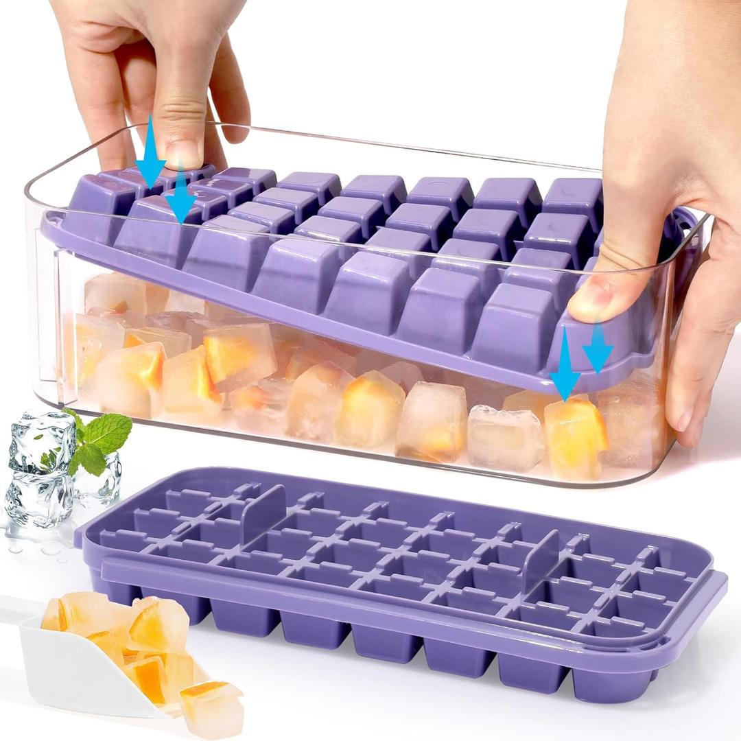 Doonly Easy Release Ice Cube Tray with Lid and Bin, 2 Pack Ice Cube Trays for Freezer, 64 Pcs Ice Trays for Whiskey Cocktail, Tea, Coffee (Purple)