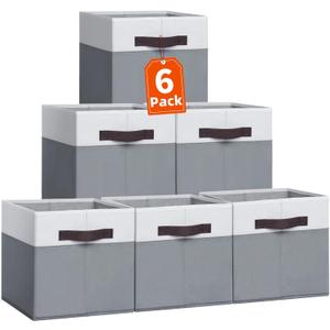 Criusia Storage Cubes -11 inch Closet Organizers and Storage Bins for Clothes -6 Pack Fabric Storage Baskets for Shelves, Cube Organizer/ Toy Storage Organizer/ Dorm Room Essentials/ HouseWarming Gift (White with Grey)