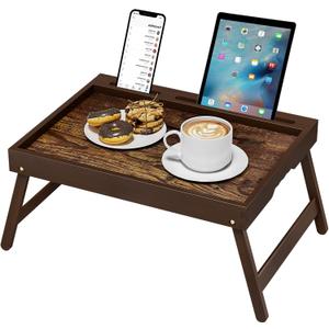 Bamboo Breakfast Tray with Foldable Legs & Detachable Stand | Ergonomic Handle | Portable Bed Tray for Eating, Working, Laptop, Tablet, and PhoneVintage Walnut (Medium, Regular)