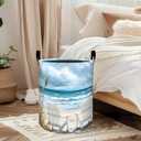 Coastal Laundry Basket, Oxford Cloth Nature Peaceful Dirty Clothes Collapsible Hamper for Room Decor, Ocean Beach and Chair Print Gifts Toy Organizer 19.7 * 15.8 Inch for Bedroom Bathroom Dorm