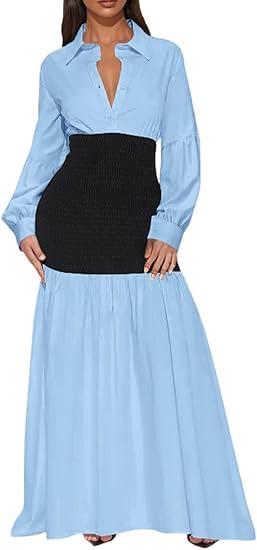 Ekaliy Women's Puff Long Sleeve Shirt Dress Elegant Button Down Loose Swing Party Maxi Dress M