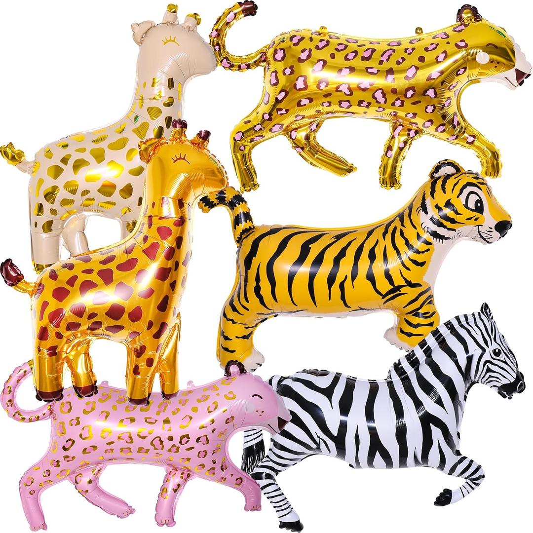 6 Pieces Giant Jungle Safari Animals Balloons,Large Zebra Giraffe Leopard Cheetah Tiger Foil Balloons For Wild One Safari Zoo Jungle Theme Party Baby Shower Birthday Party Decoration