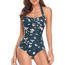 Smismivo Dark Green Floral Tummy Control Swimwear Halter One Piece Slimming Vintage Retro Swimsuit Womens Ruched Plus Size Push Up Bathing Suit, Small