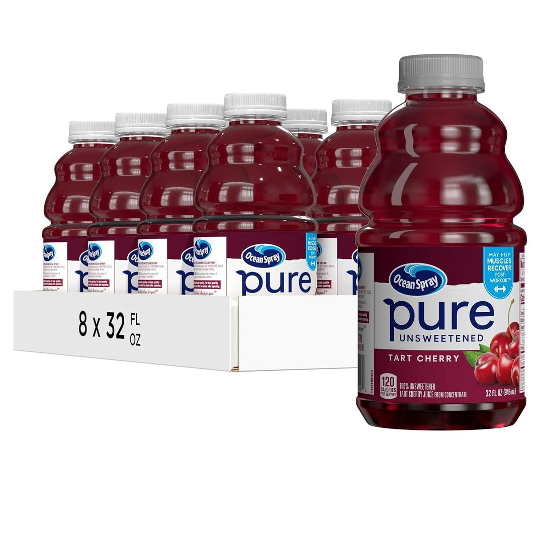 Ocean Spray Pure Unsweetened Tart Cherry, 100% Tart Cherry Juice, 32 Fl Oz Bottle (Pack of 8) (EXP 01/30/27)