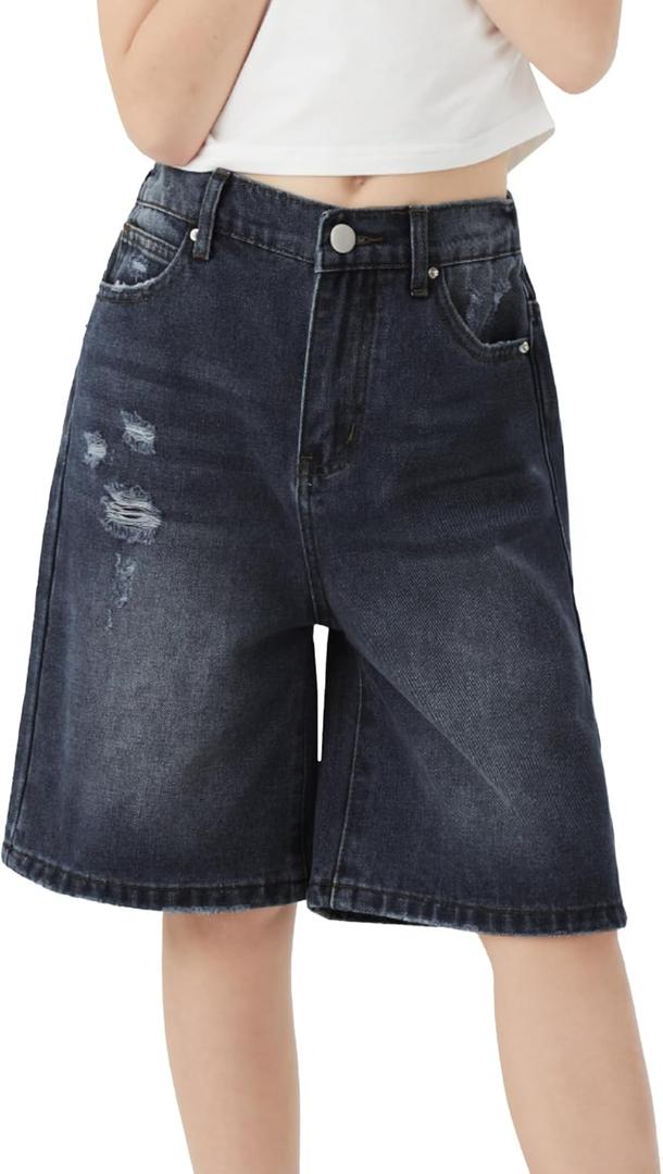 Girls Jeans Shorts Ripped Denim Bermuda Elastic Waist Bottom Trendy Cotton Summer Clothes for Kids, Size: 14-15 Years