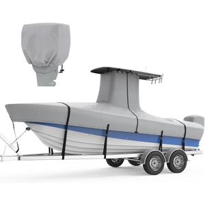 RVMasking Upgraded 1200D T-Top Boat Cover 100% Waterproof Heavy Duty Tear-Resistant Polyester with Motor Cover for Center Console Boat with T TOP Roof, 20'-22' Long Beam Width up to 106", Gray