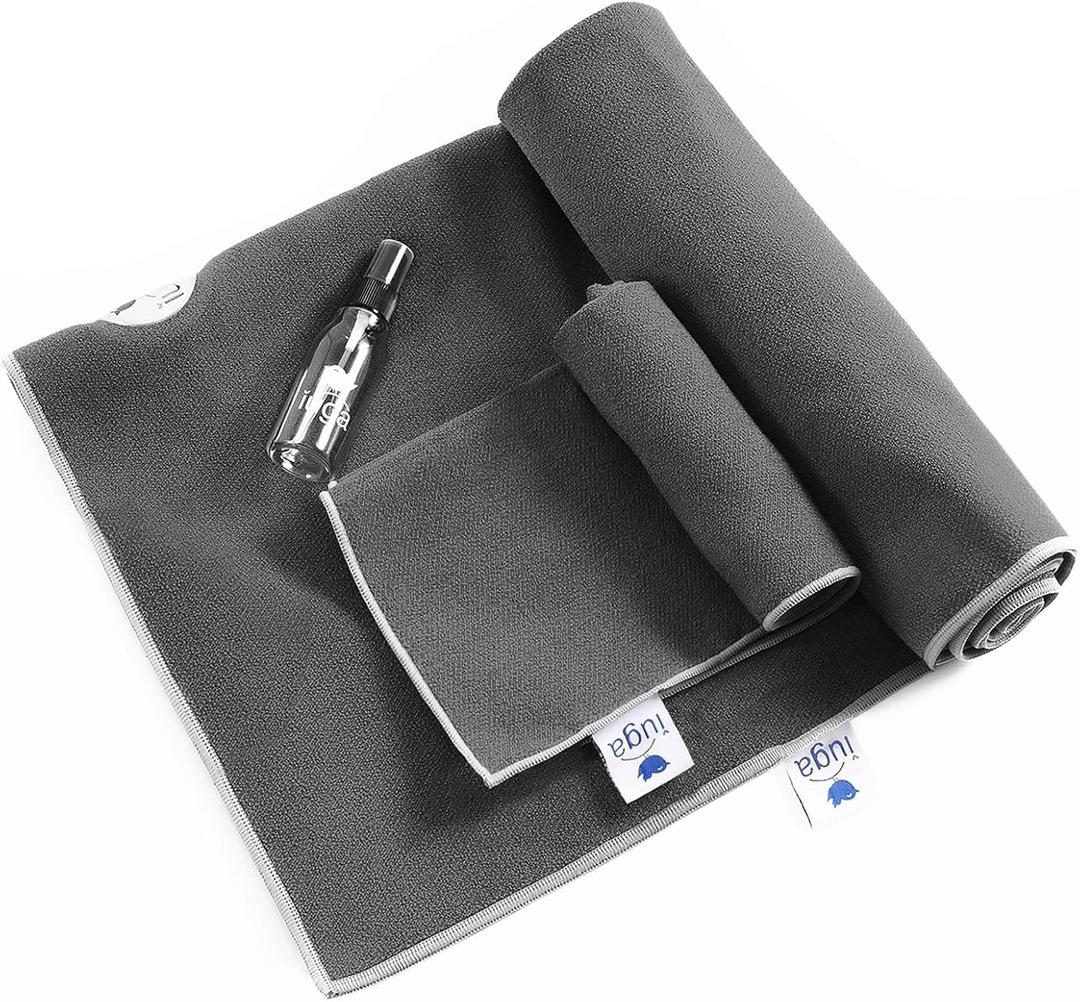 IUGA Yoga Towel for Hot Yoga Non Slip Extra Thick Yoga Mat Towel + Hand Towel 2in1 Set with Corner Pockets Super Absorbent and Quick Dry Hot Yoga Towel (72X26, Gray)