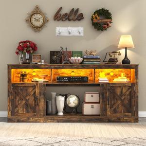Farmhouse TV Stand for 70/75/80 Inch TV, 32Tall Entertainment Center w/LED Light, Large Media Console Cabinet w/Barn Doors & Adjustable Shelves for Living Room, Rustic Brown