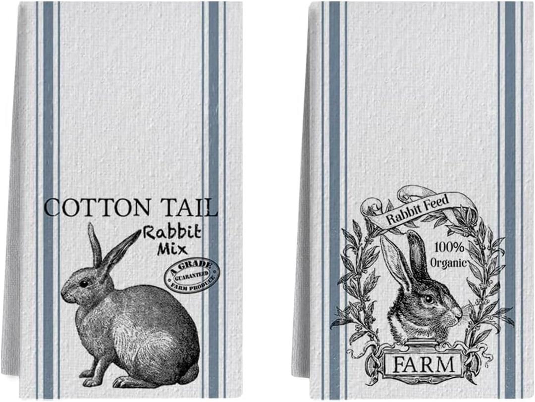 Vintage Easter Bunny Floral Decorative Kitchen Towels and Dish Towels Set of 2, Farmhouse Rabbit Hand Towels Tea Towel for Easter Bathroom Kitchen Decor 18x26 Inches