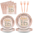 96PCS Rose Gold Sweet 16th Birthday Party Paper Plates and Napkins Sixteenth Birthday Party Decoration 16 Years Old Disposable Cake Dessert Tableware Set Serves 24 Guests Girls Ladies Supplies Favor