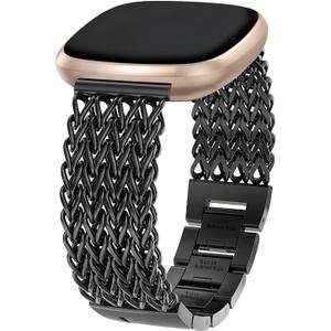 Metal Band Compatible for Fitbit Versa 2/1/Lite/SE, 22mm Dressy Stainless Steel Chain Strap Designer Wristband for Fitbit Versa Smartwatch (Black)