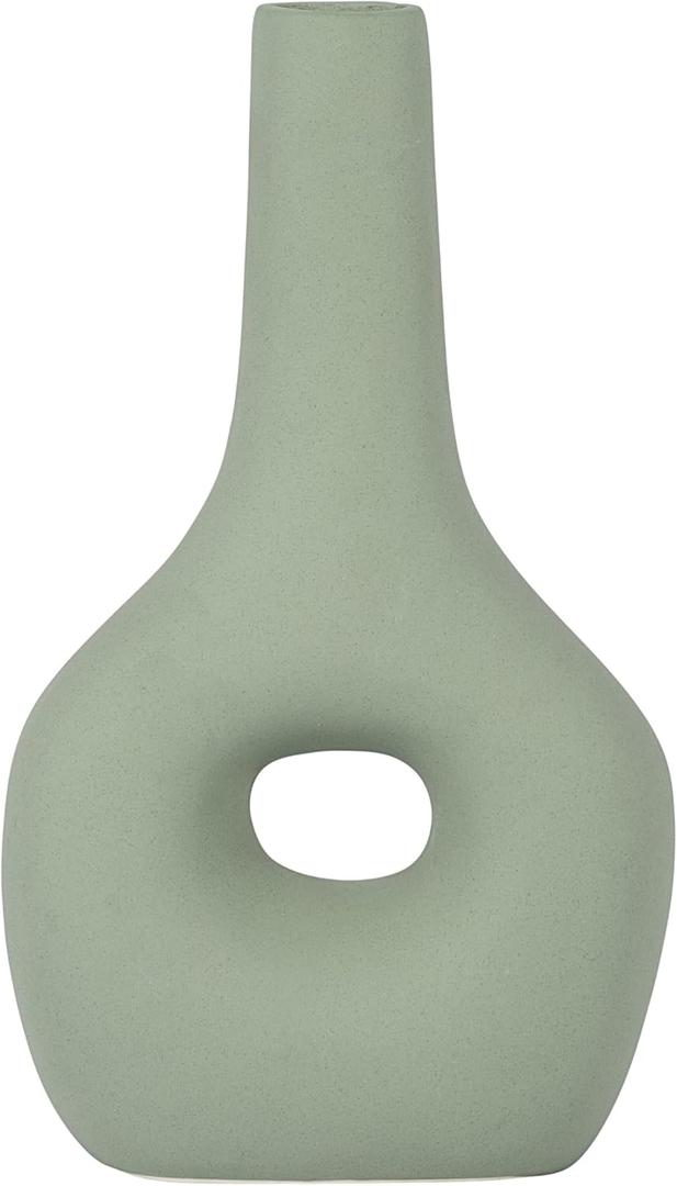 Ceramic Decorative Vase with Hallow Ring Design  Stoneware Decorative Vases for Home Decor  Minimalist Centerpiece Flower Vases for Living Room, Bedroom & Office  9", Green