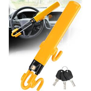 Tevlaphee Steering Wheel Lock - Heavy Duty Anti-theft Device and Car Security Lock with Adjustable Locking and 3 Keys - Great Vehicle and Truck Deterrent (Yellow)