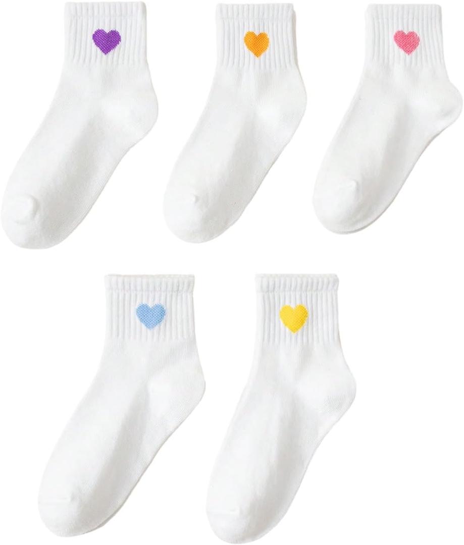 Verdusa Boy's 5 Pairs Cute Heart Graphic Crew Socks Soft Breathable Ankle Socks Set (White)
