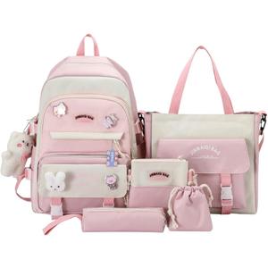5Pcs Kawaii Cute Backpacks Combo Set with Bear Pendant & Pins - Back To School Supplies Patchwork Bunny Daypack Bag Kit (Pink)
