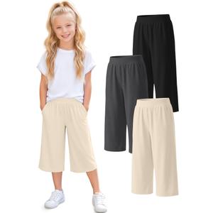 Vinsatin 3 Pack Girls' Capri Pants Wide Leg, 3-Color, 13-14 Years