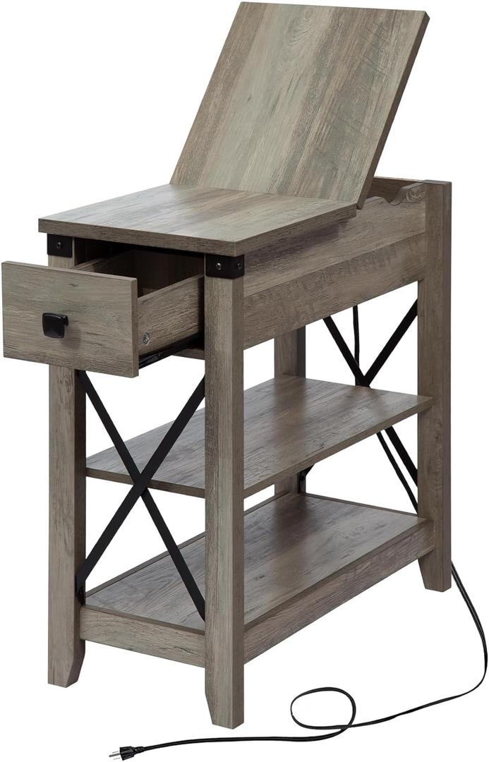Awescuti Narrow End Table with Charging Station Farmhouse Slim Side Table with USB Ports and Power Outlets, Nightstand with Flip Top and Storage Drawer, for Small Spaces Living Room Bedroom, Gray (Single, Grey)