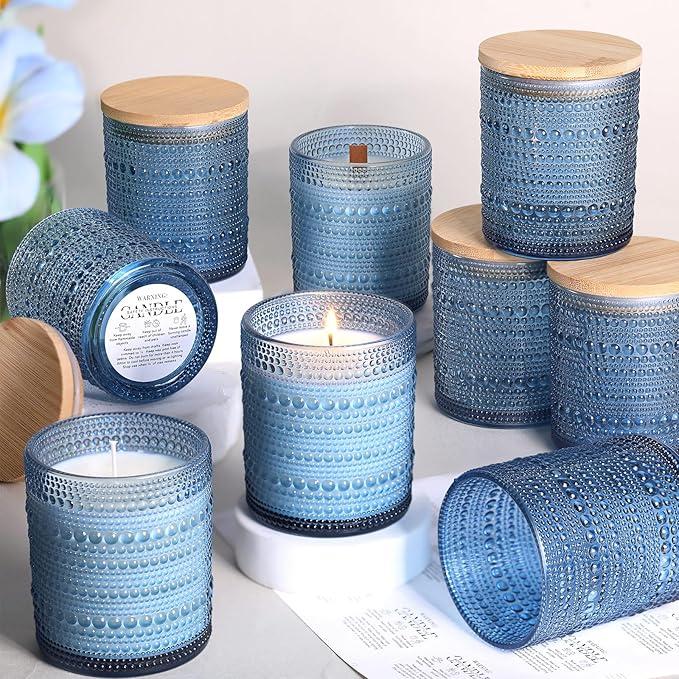 DARJEN 11 Pack Blue and White Candle Jars for Making Candles- 8 OZ Empty Glass Candle Making Jars with Bamboo Lids and Labels, Candle Making Supplies Candle Containers for DIY Gifts, Clear and Blue