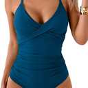 B2prity Women's One Piece Swimsuits Tummy Control Front Cross Bathing Suits Tie Back Slimming V Neck Swimwear (Medium, Peacock Blue)