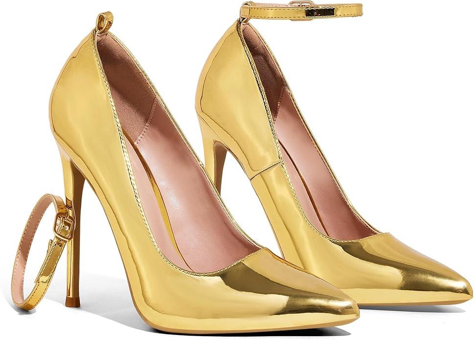 Elisabet Tang Women's Pumps Closed Pointed Toe Heels with Ankle Strap Slip on Stiletto High Heels 5 Inch for Wedding Party Sexy Dress Shoes Gold Patent 9