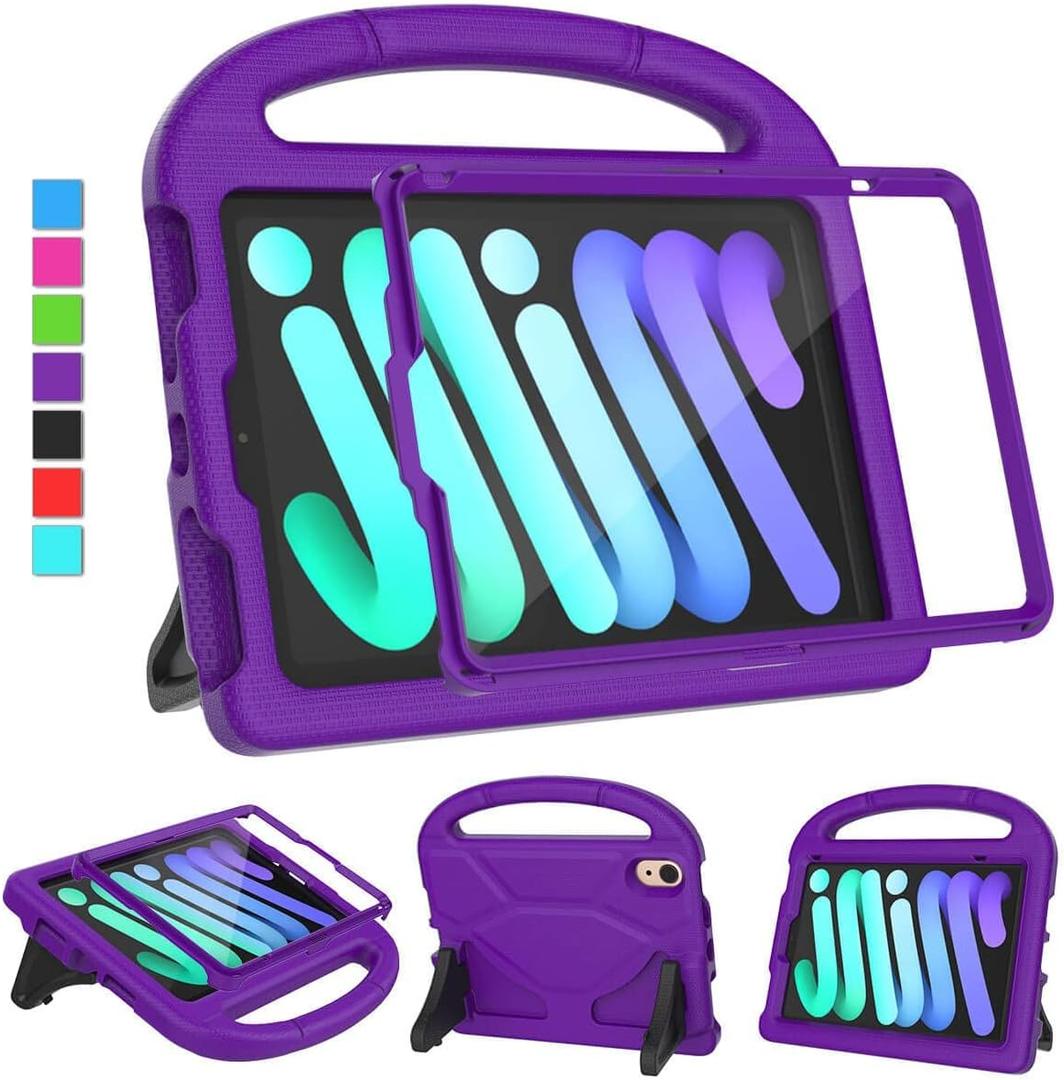 Kids Case for iPad Mini 7 2024 / Mini 6 2021, iPad Mini 7th/6th Generation Case with Screen Protector, Durable Shockproof with Handle Stand Protective Cover for iPad 8.3 Inch, Purple