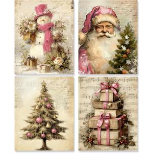 WDSFHYJK Pink Vintage Christmas Wall Art Decor Set of 4, Vintage Christmas Decor, Retro Christmas Tree Snowman Santa Poster Prints Pictures for Home Living Room Bedroom Decor, 8x10 Unframed