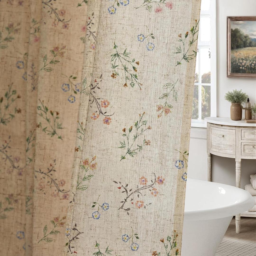 Floral Vintage Linen Shower Curtain, French Country Shower Curtains for Bathroom, 72Wx90H (Linen - Muted Garden)