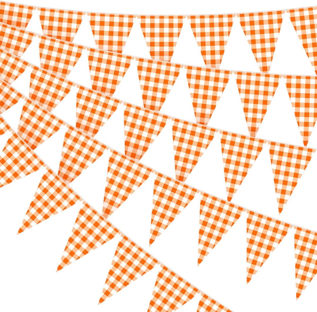 49.21 ft 60 Pieces Orange Gingham Pennant Banner - Fall Thanksgiving Checkered Garland Decor, Gingham String Triangle Flags for Birthday Baby Shower Little Cutie Party Decorations Supplies