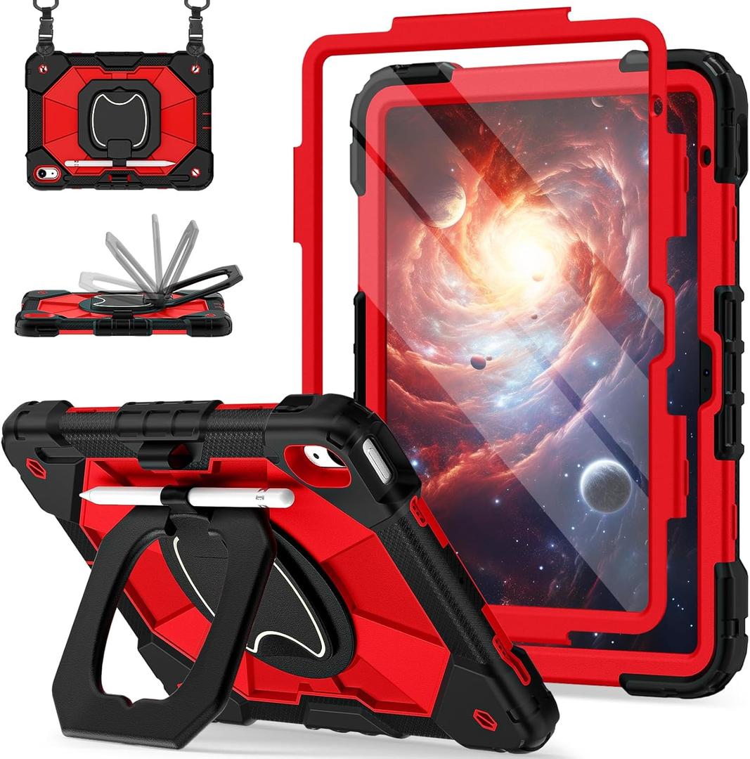 Scnioy Case for iPad 10th Generation 10.9 Inch (2022), iPad (A16) 11th Generation 11 Inch (2025), Rugged i Pad Case 10th Gen with 360°Rotating Stand Screen Protector Pen Holder Shoulder Strap, Red