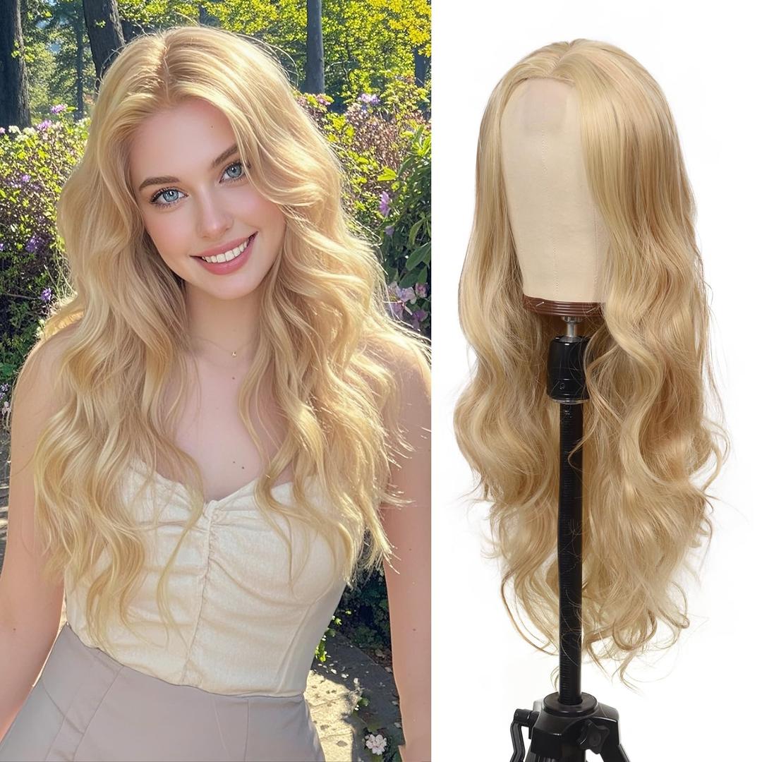 BrittyHair Blonde Long Wavy Wig for White Women 26 Inch Middle Part Curly Wig Natural Looking Heat-resistant synthetic fiber wigs for Daily Wear Cosplay and Halloween