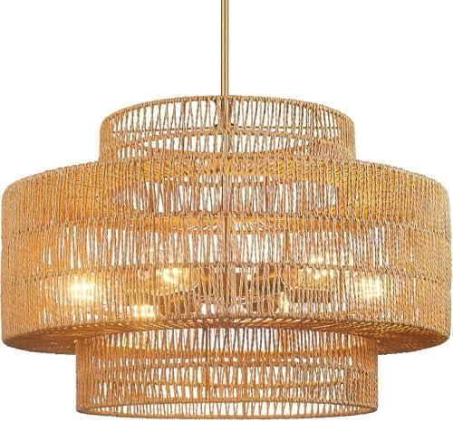 PENACINY 23.6” Boho Rattan Chandeliers Light Fixture, 6-Light Hand Woven Farmhouse Rustic Chandelier Hanging Light for Dining Rooom, Kitchen, Living Room, Foyer