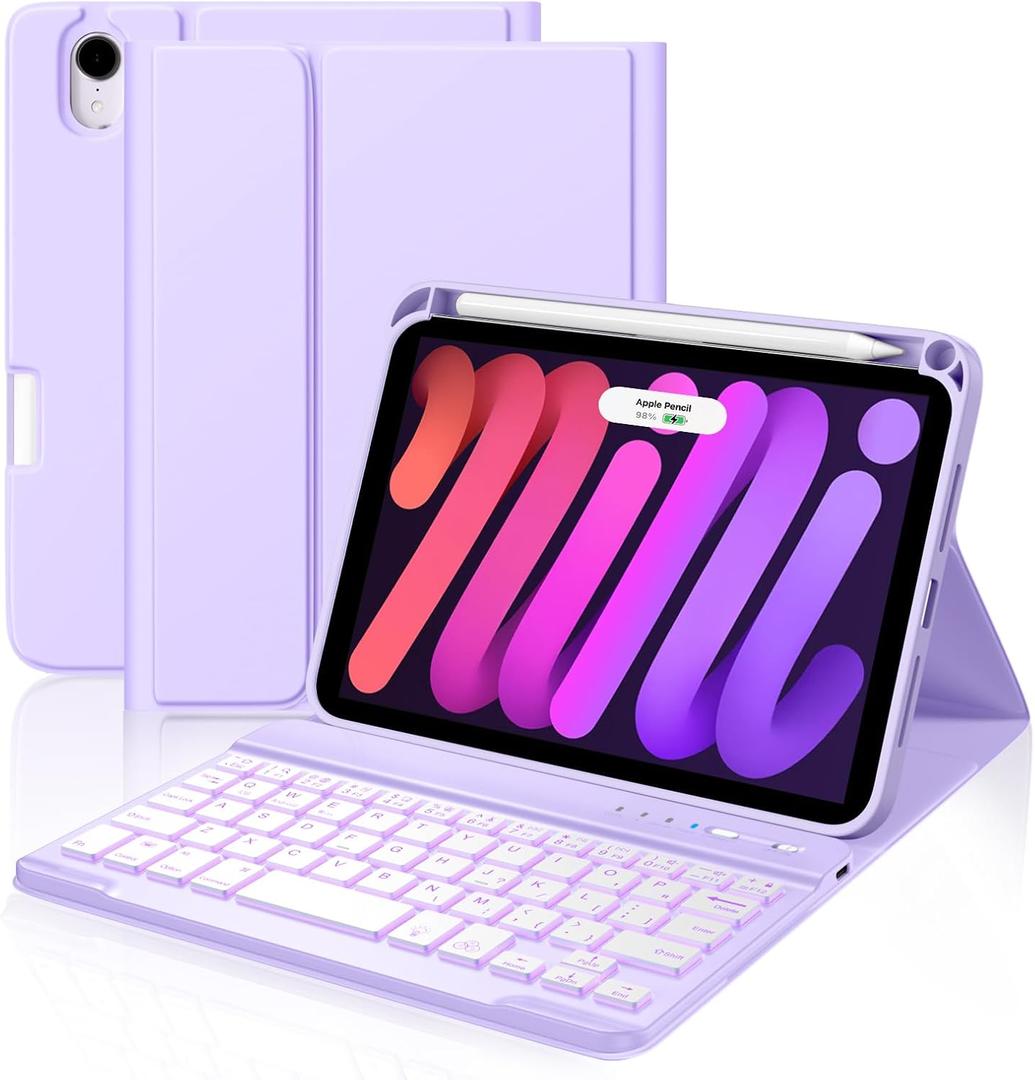 for iPad mini 7 Keyboard Case A17 Pro 2024/iPad Mini 6 Generation Case with Keyboard 2021 8.3 Inch, Pencil Holder, 7 Color Backlit Detachable Keyboard Cover for iPad mini 7th/6th Gen,Purple