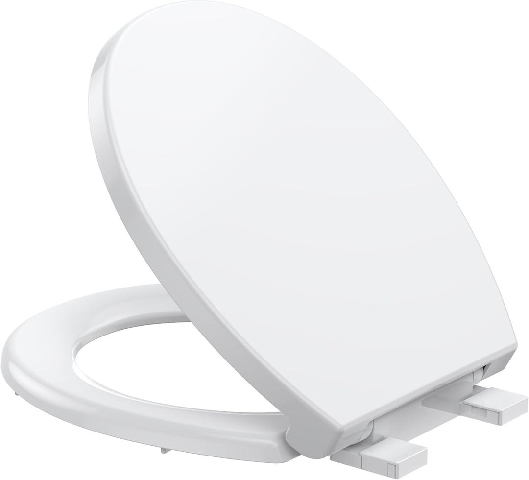 Toilet Seat,Round Toilet Seat with Quiet-Close, Quick-Attach Hardware with Grip-Tight Bumpers, Quick-Release Design,Slow-Close Toilet Seat, Full Flat White